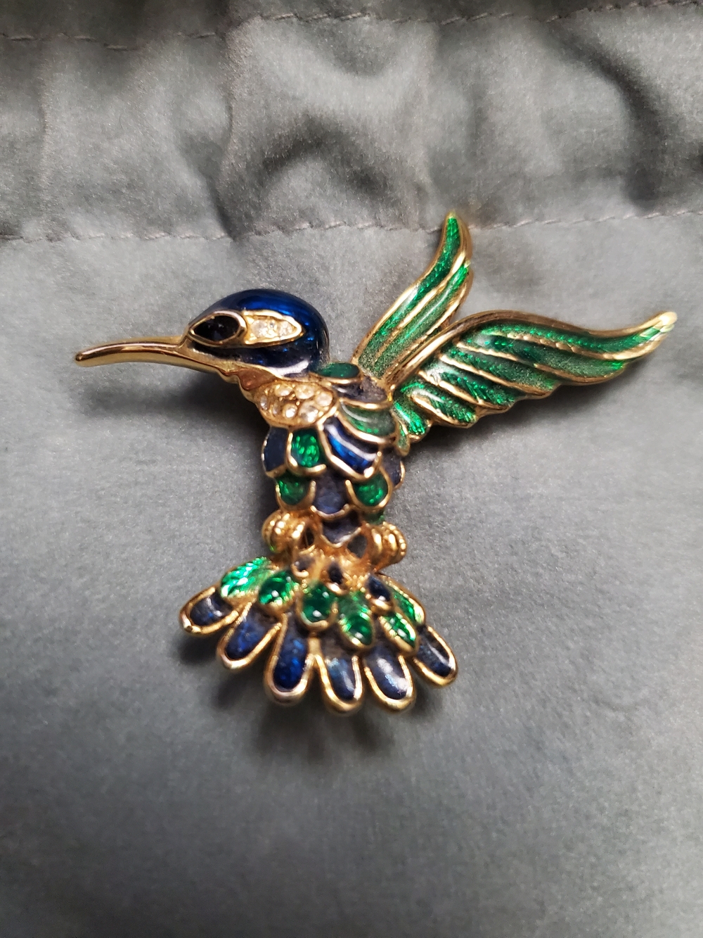 Vintage Gold-Tone Blue & Green Hummingbird Brooch